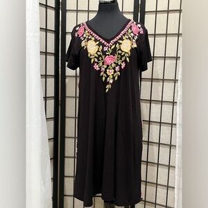 Karyn Seo Floral EMBROIDERED SHORT SLEEVE BOHO JERSEY KNIT DRESS, WOMEN SIZE L